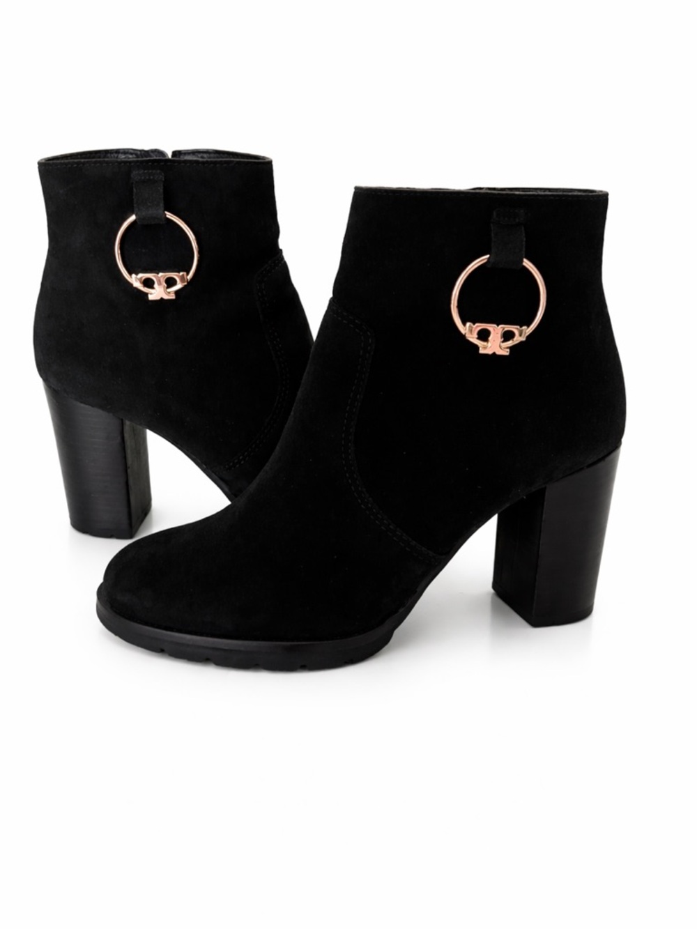 Tory Burch Black Suede heeled Boots with Gold Ring Accent